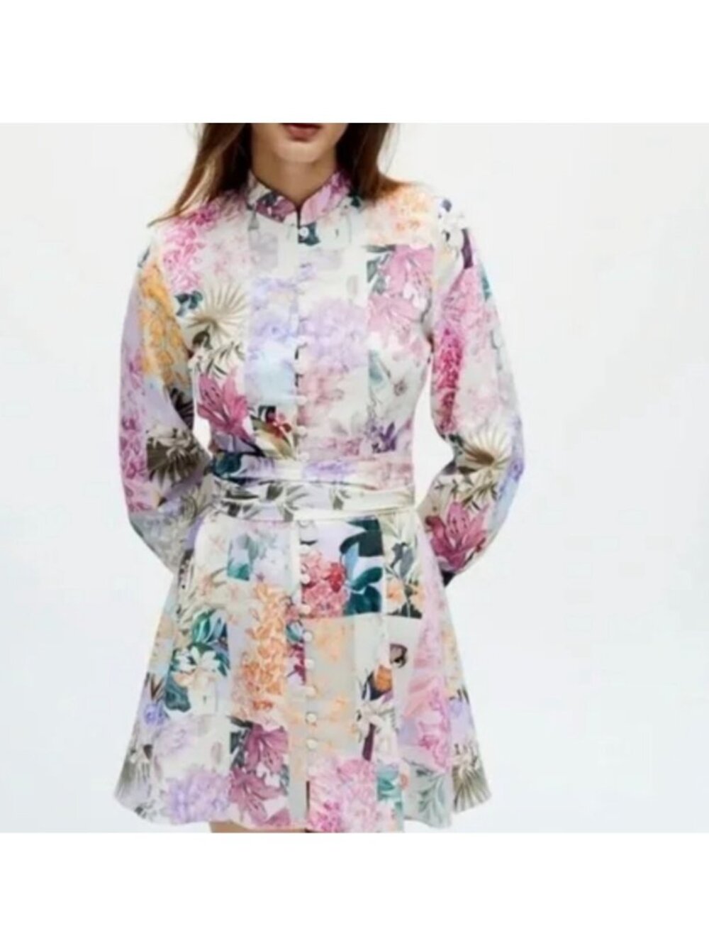 Zara floral patchwork long sleeve linen blend dress